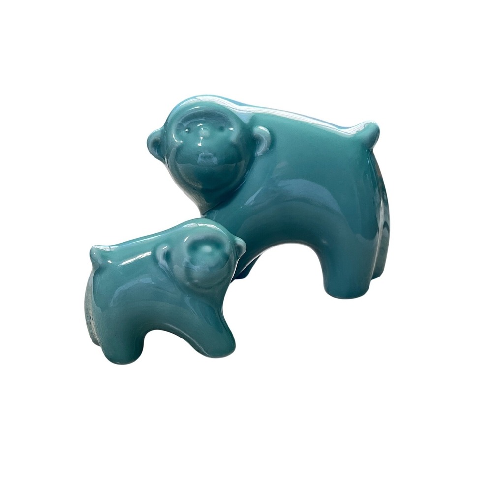 Yakushi Ceramic Monkey Figurine Set  Teal Blue Japanese‎ Art Pottery